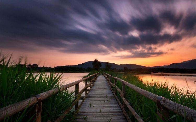 Pathway with lake and overcast sky in background