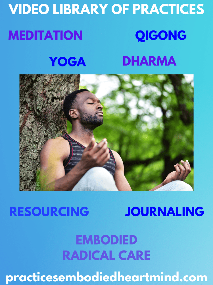 Video Library of Practices: Meditation, Qigong, Yoga, Dharma, Resourcing, Journaling, Embodied Radical Care with image of person meditating near a tree