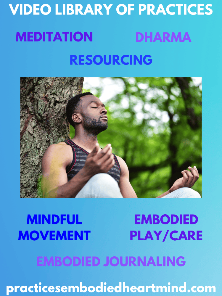 Video Library of Practices:
Meditation, Dharma, Resourcing, Mindful Movement, Embodied Play/Care, Embodied Journaling
with image of person meditating near a tree